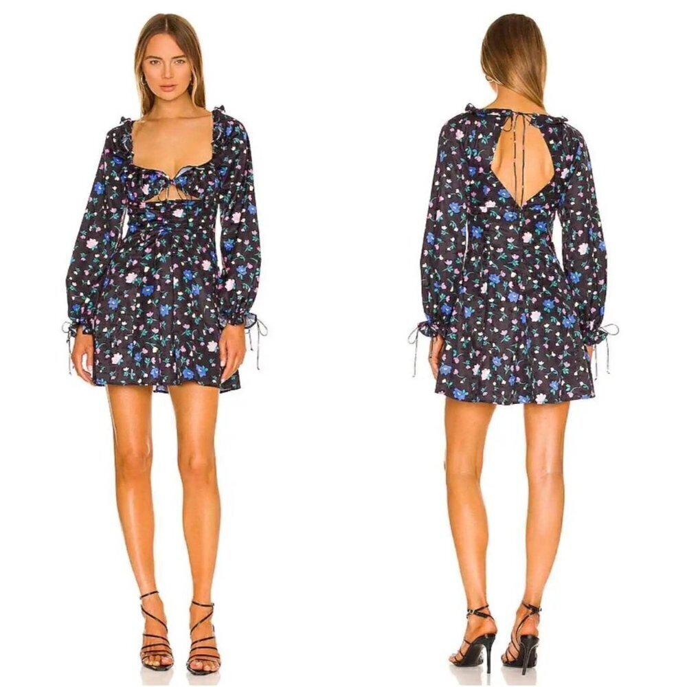 NWT For Love and Lemons Lexy Black Floral Long Sleeve Mini Dress - S